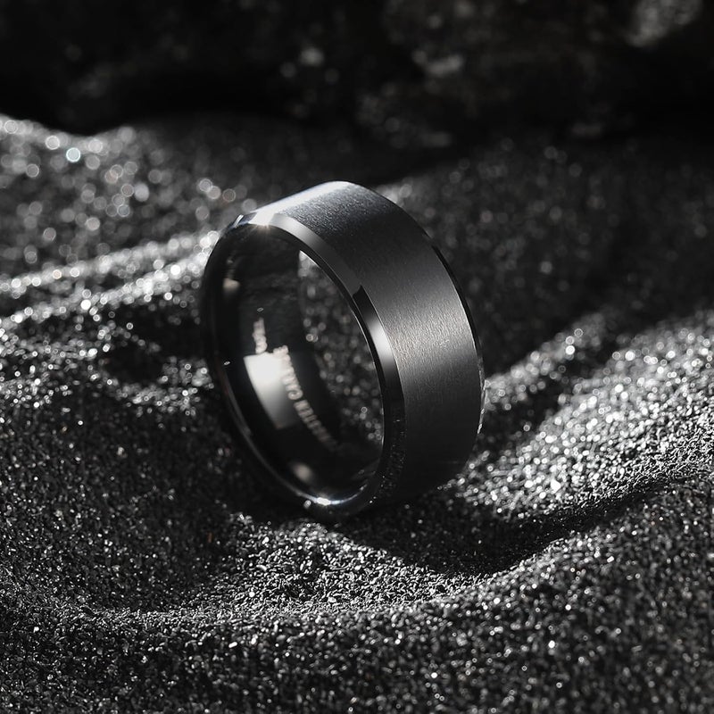 King Will Tungsten Men's Wedding Ring - Available in 6mm to 10mm, Black/Silver, Matte Finish, Beveled Polished Edge, Comfort Fit - Image 2